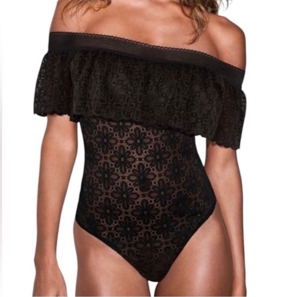 Victoria's Secret Floral Off-the-shoulder Lace Bodysuit Black Size‎ L Whimsigoth